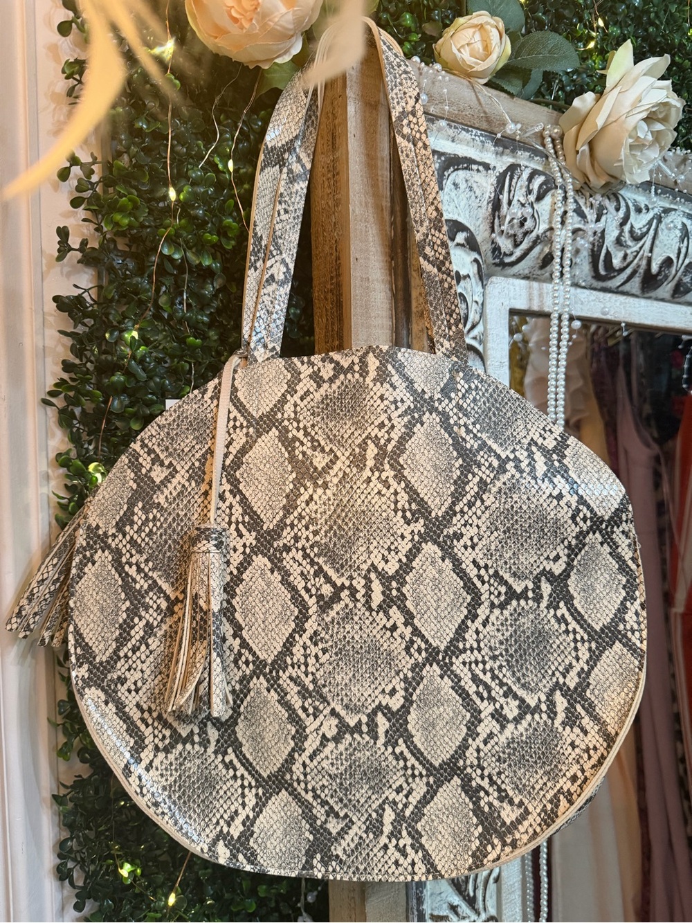 Source Unknown Round Snake-Print Tote in Beige and Black